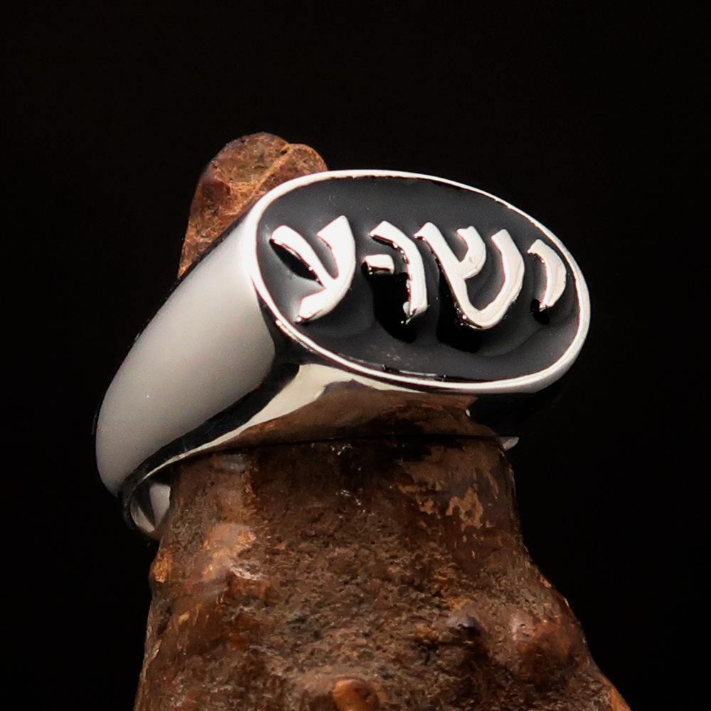 Excellent crafted oval Men's Ring Jesus in Hebrew Black - Sterling Silver-2