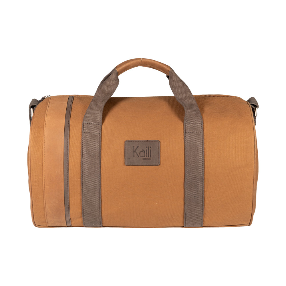 K2006UB | 100% Cotton Canvas Travel Duffle Bag /Wild Leather, full grain, Naked - Leather color, zipper closure. Size: 45 x 25 x 28 cm - Package: Tnt bag-1
