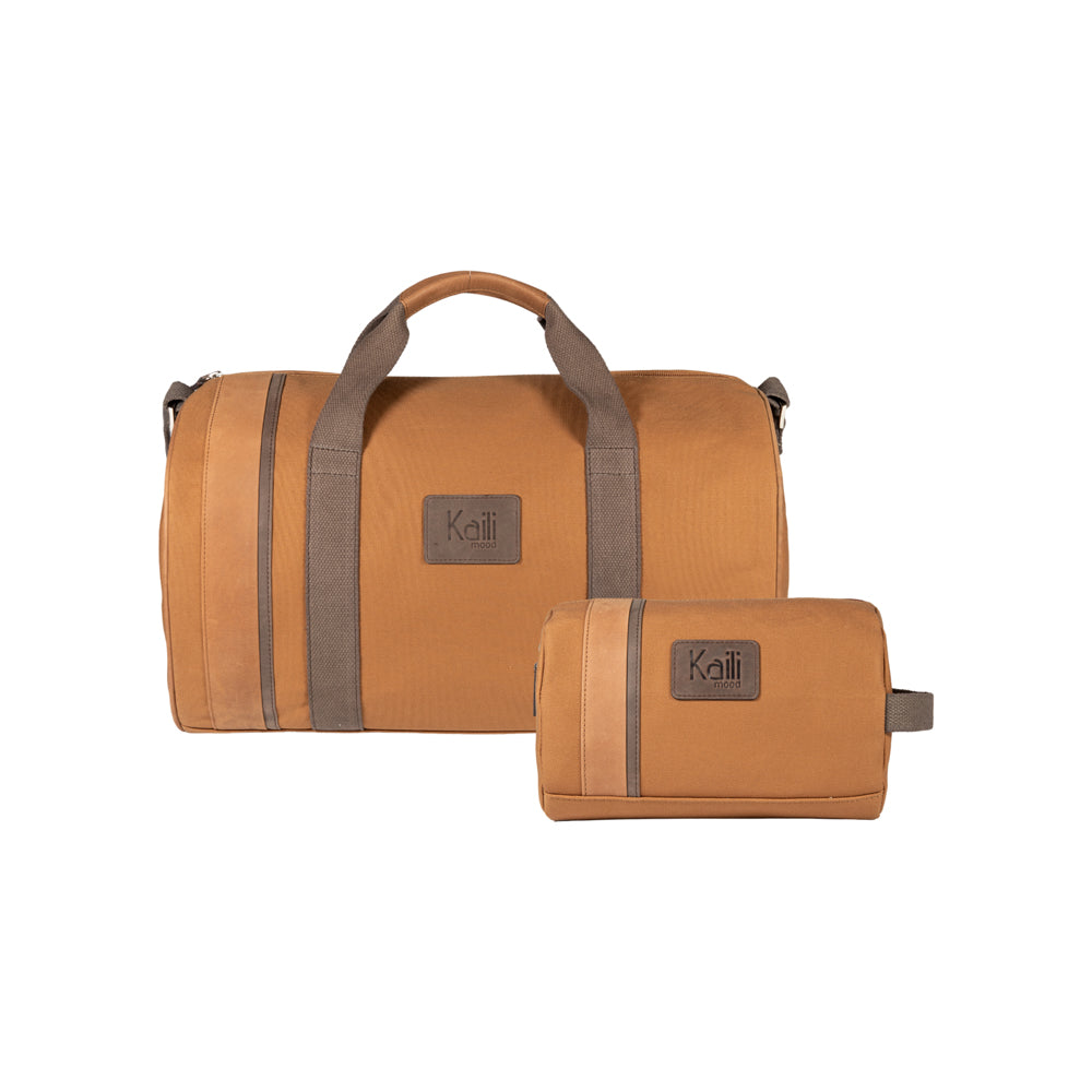 K2006UB | 100% Cotton Canvas Travel Duffle Bag /Wild Leather, full grain, Naked - Leather color, zipper closure. Size: 45 x 25 x 28 cm - Package: Tnt bag-3